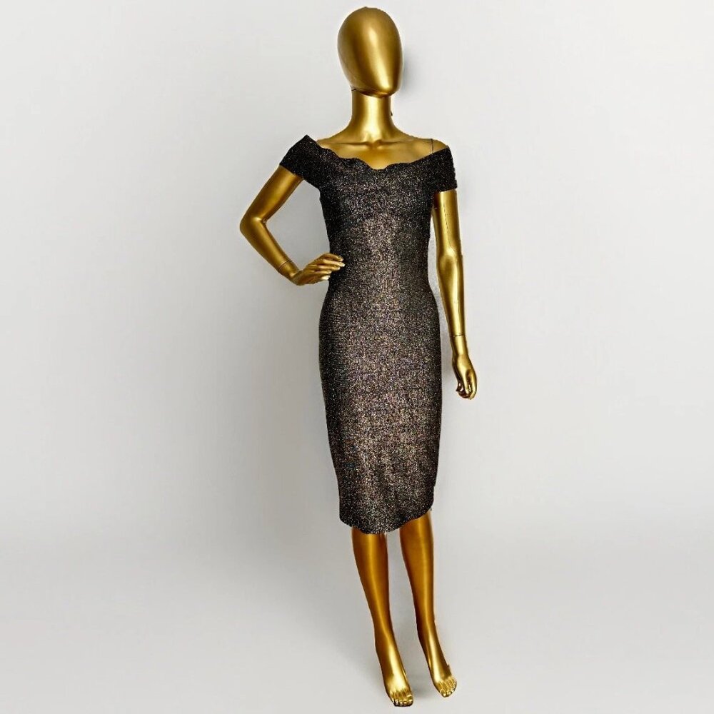 WOW Couture Off-Shoulders Bandage Bodycon Metallic Gold Midi Dress Stretch Small